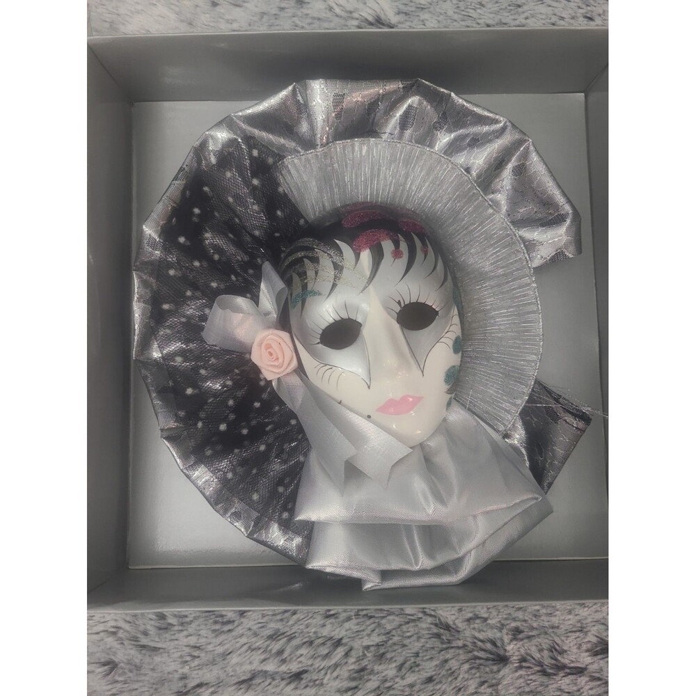Vintage Porcelain Wall Mask 9" Metallic Fabric Silver/black Lace Satin Trim NW